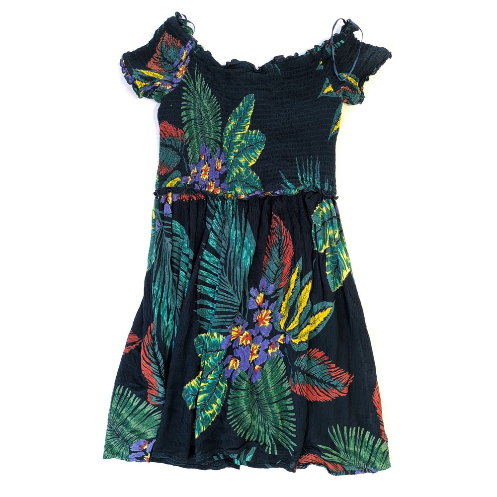 Patrons of Peace Tropical Palm Print Smocked Off Shoulder Mini Dress Navy 19359A - Picture 2 of 7